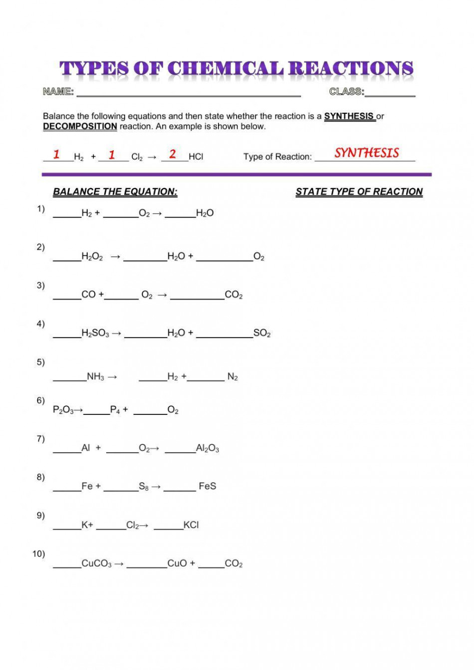 CHEMICAL REACTIONS - SYNTHESIS AND DECOMPOSITION worksheet  Live