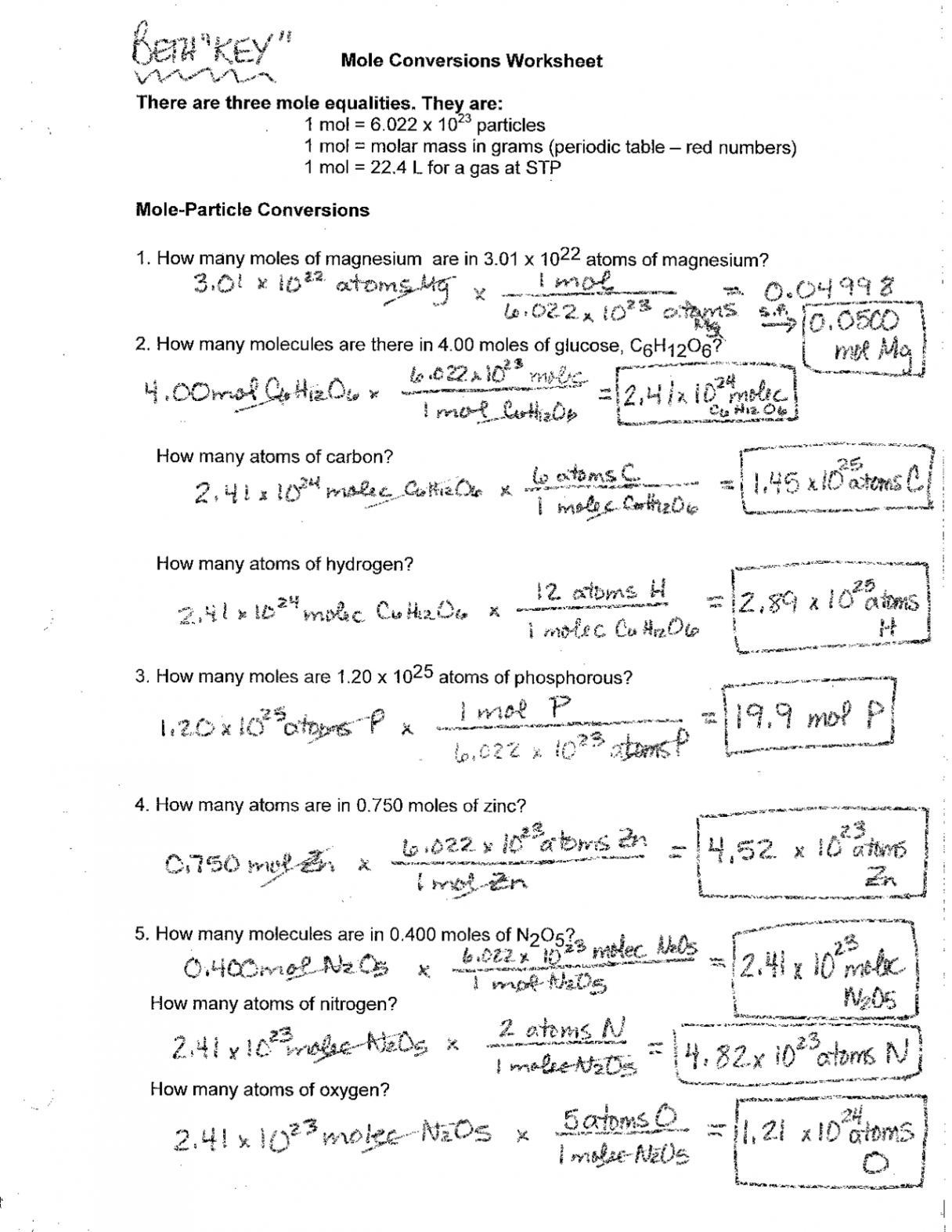 Chemistry Mole Conversions Worksheet Answer Key  Exercises