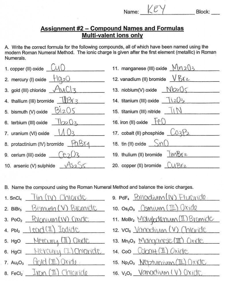 Chemistry Writing Formulas Worksheet Answers  Chemistry