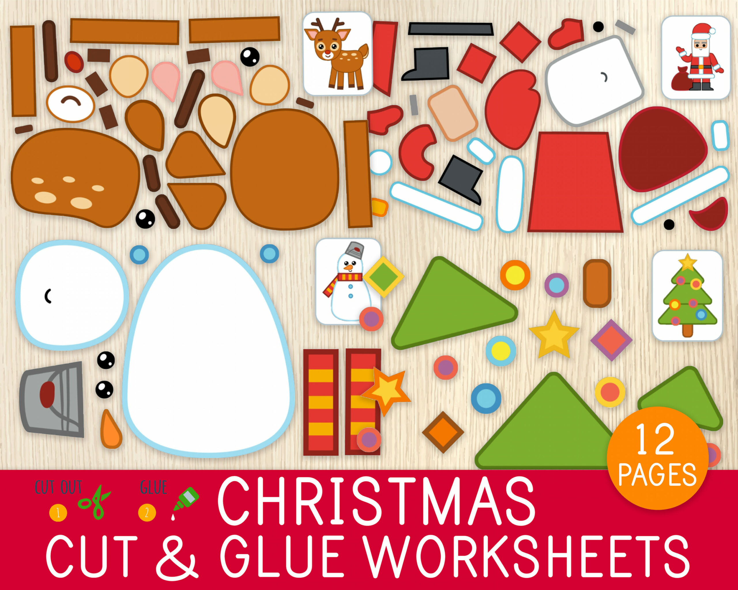 Christmas Cut & Glue Worksheets  Activity Pages Cut and - Etsy