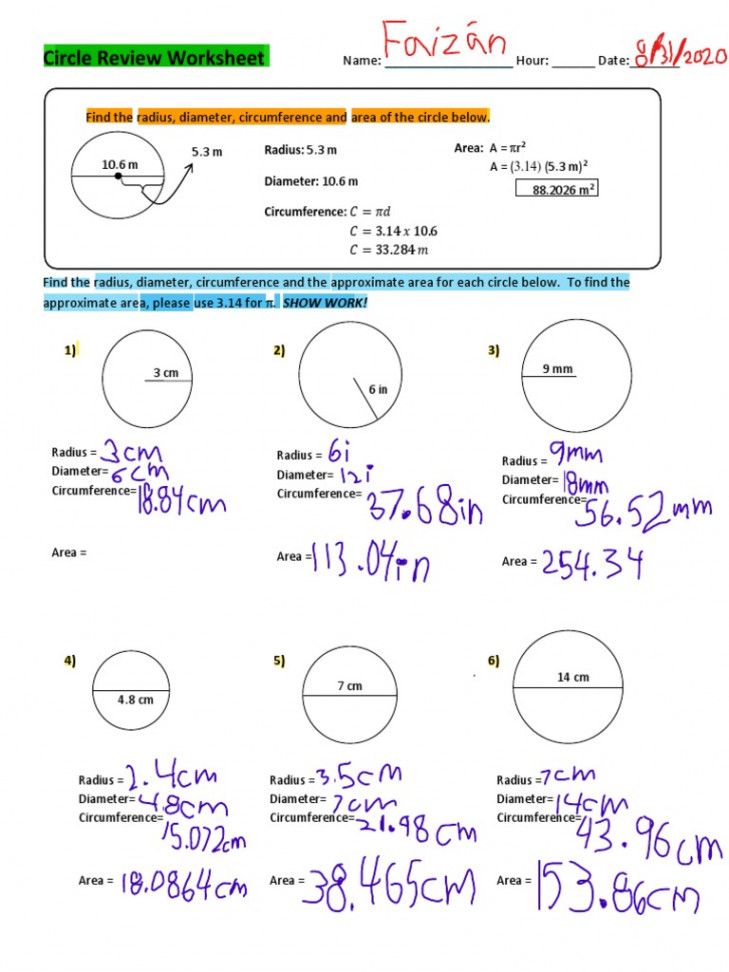 Circle Review Worksheet: Area: A = πr Radius: . m Diameter: