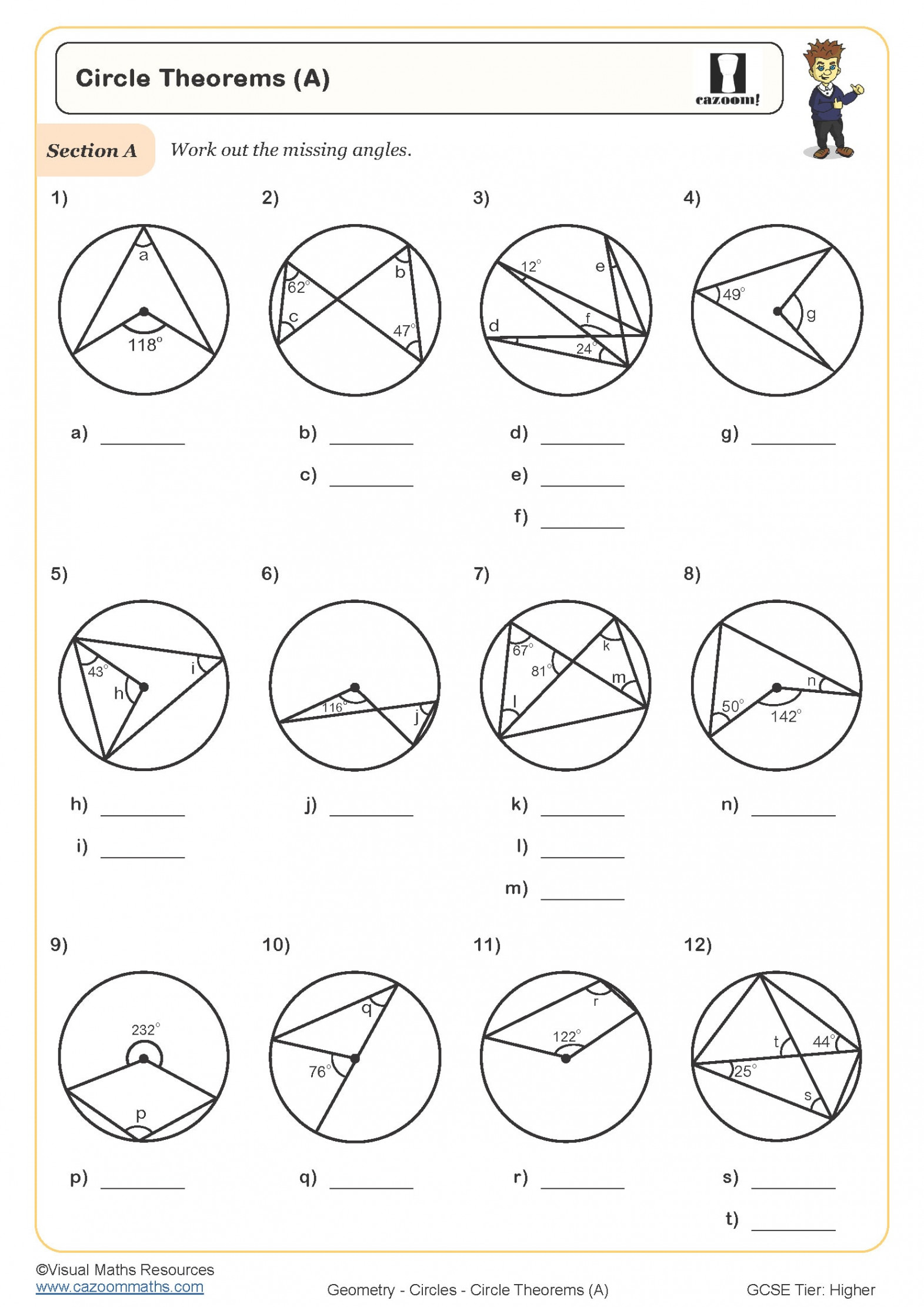 Circle Theorems (A) Worksheet  Cazoom Maths Worksheets