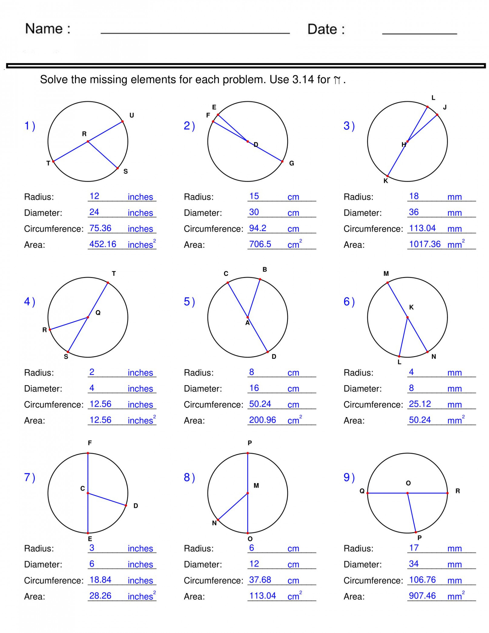 Circumference, Area, Radius, and Diameter - Circle Worksheets