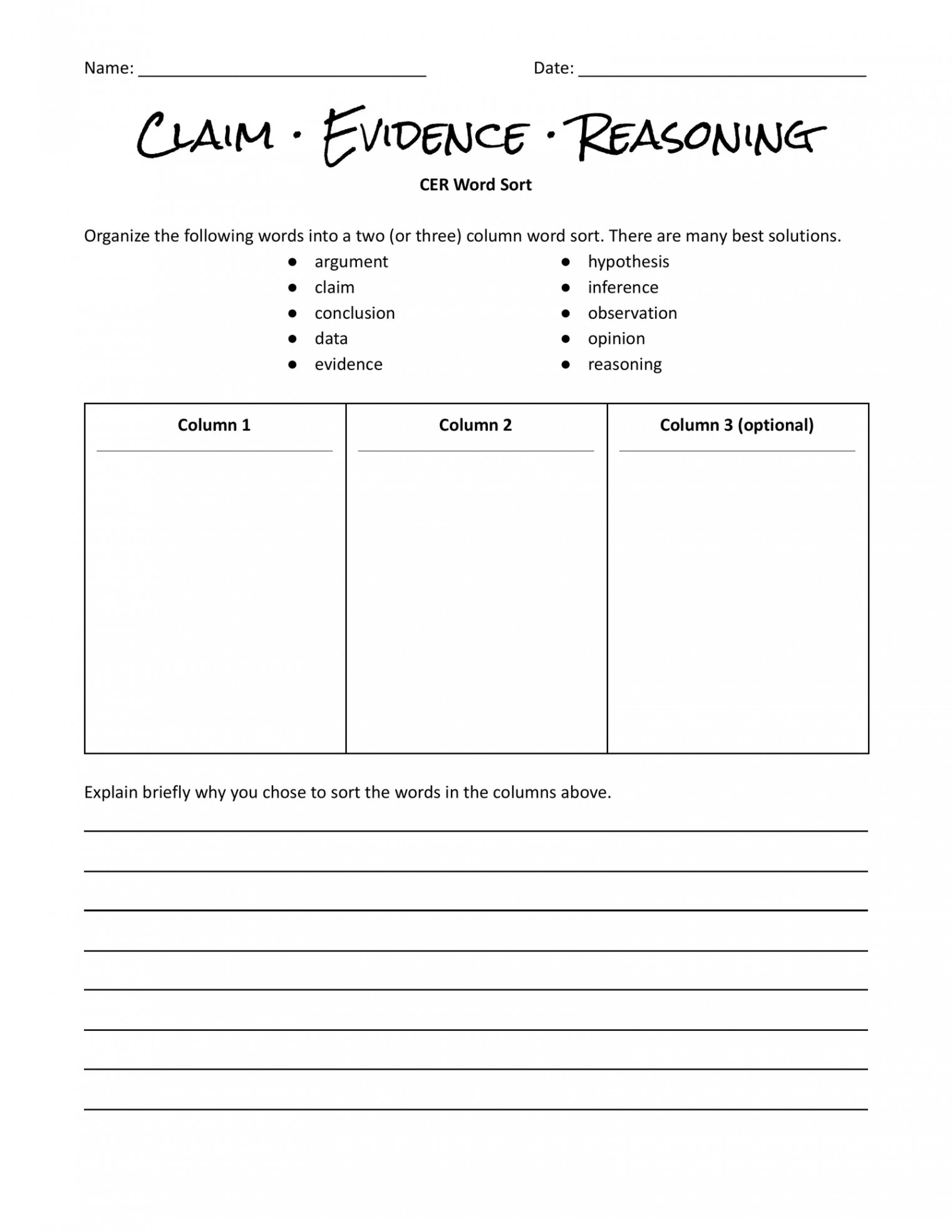 Claim Evidence Reasoning Interactive Worksheet – Edform