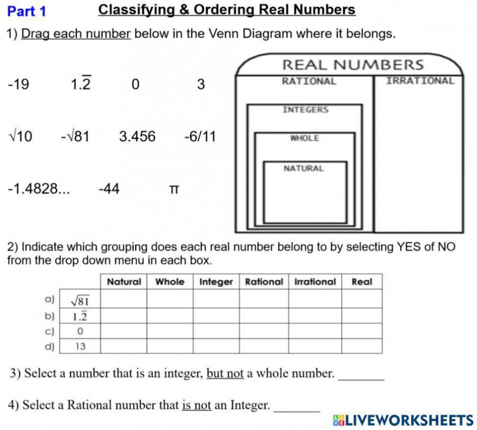 Classifying & Ordering Real Numbers-Part  interactive worksheet