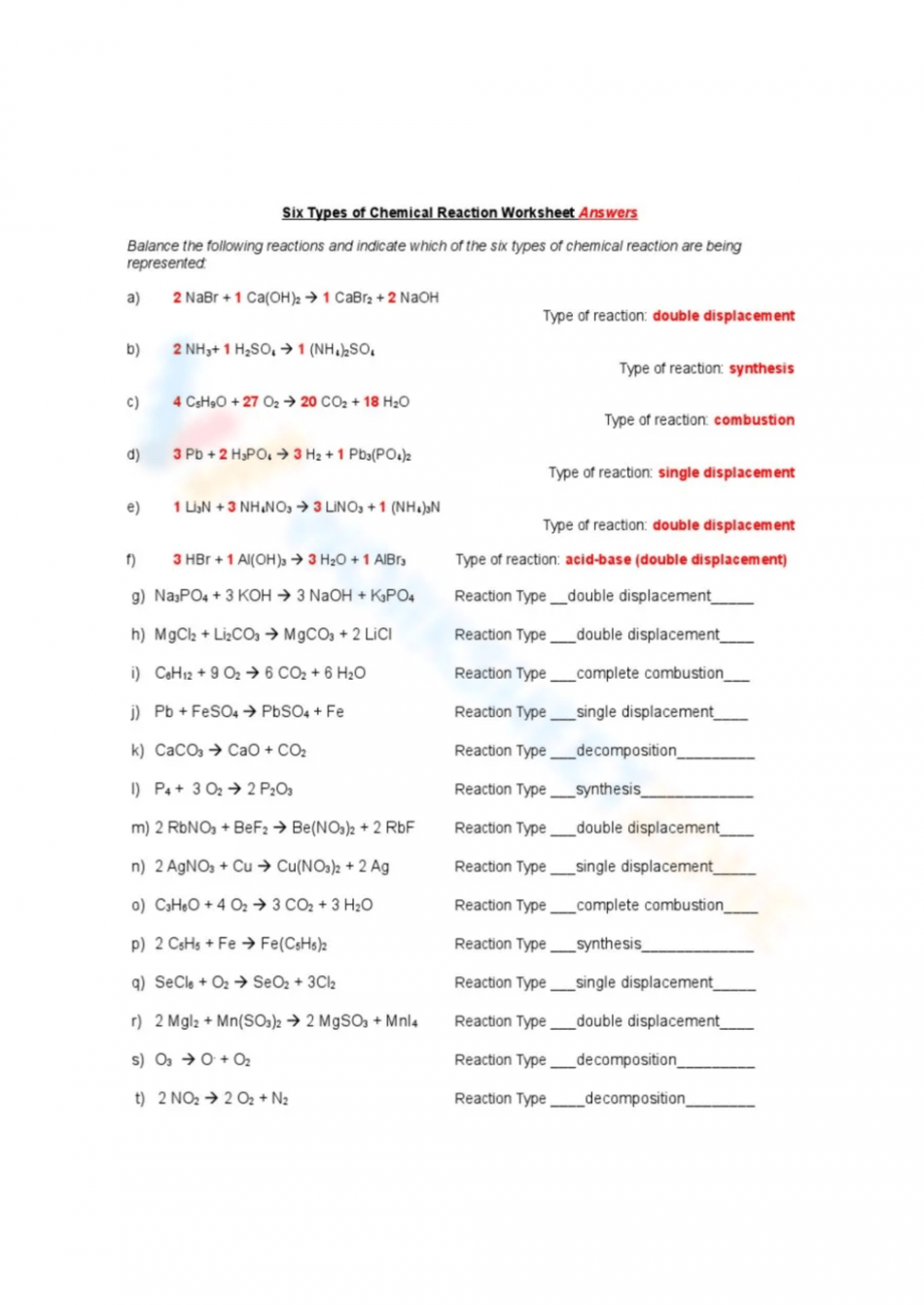 Classifying Chemical Reaction Key Worksheet