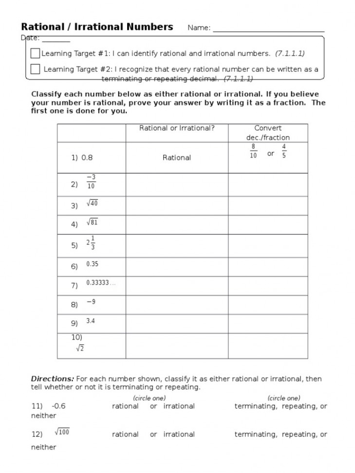 Classifying Rational and Irrational Worksheet  PDF  Rational