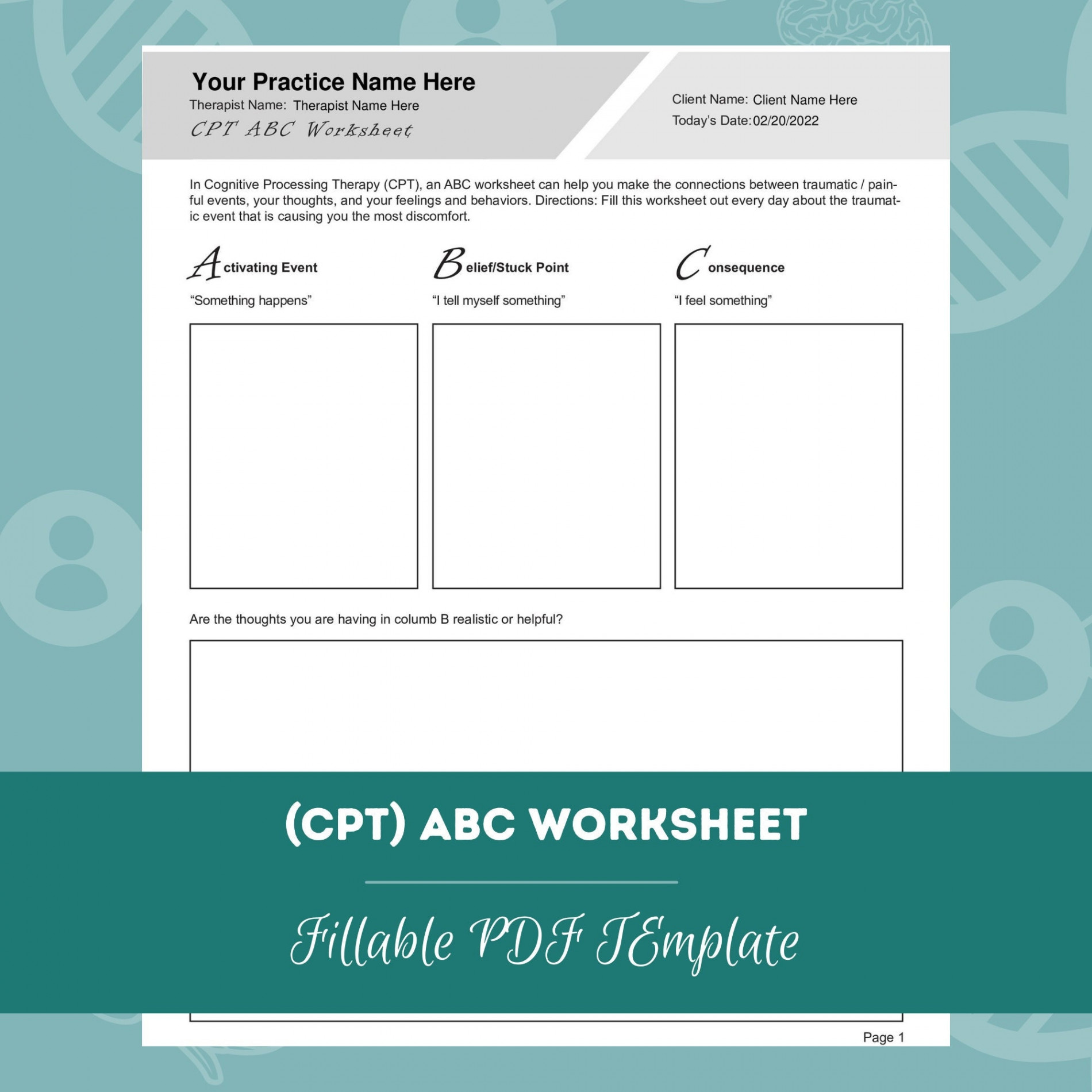 Cognitive Processing Therapy (CPT) ABC Worksheet  Editable / Fillable PDF   For Counselors, Psychologists, Social Workers, Therapists