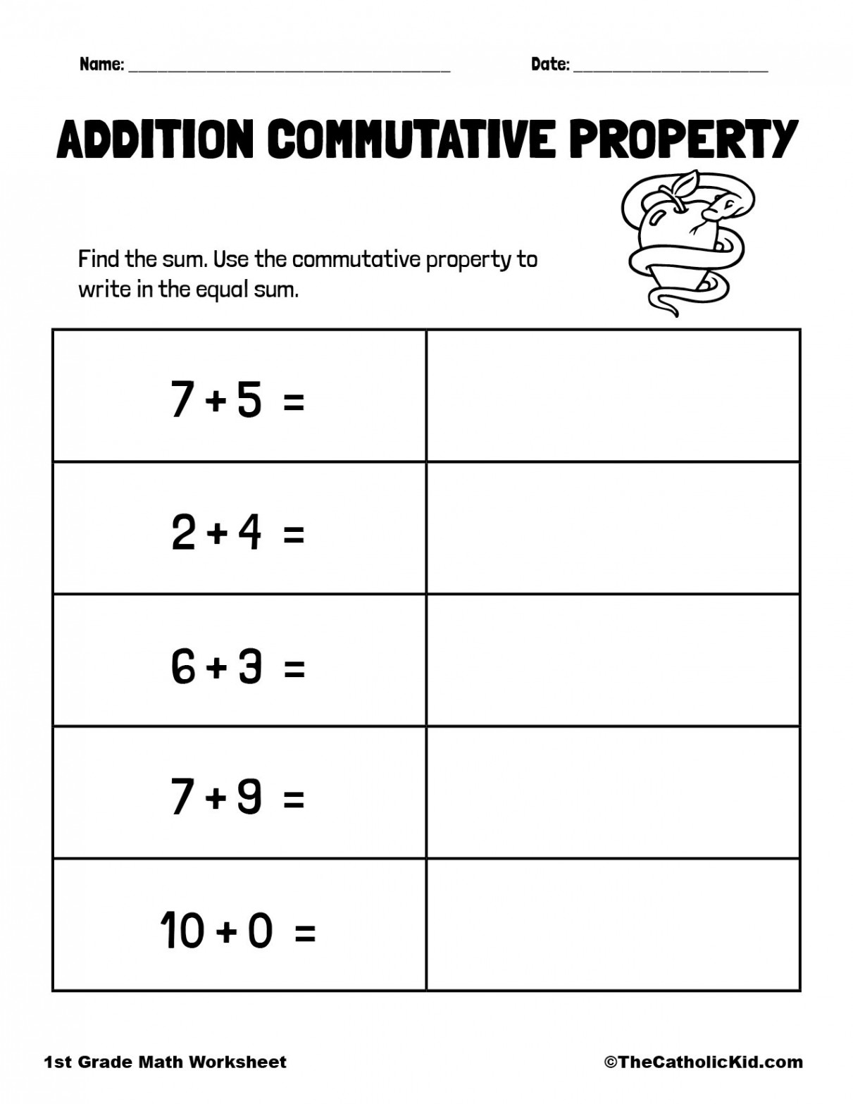 Commutative Property - st Grade Math Worksheet Catholic