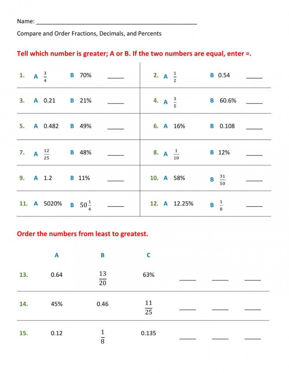 Compare and Order Fractions, Decimals, & Percents worksheet  Live