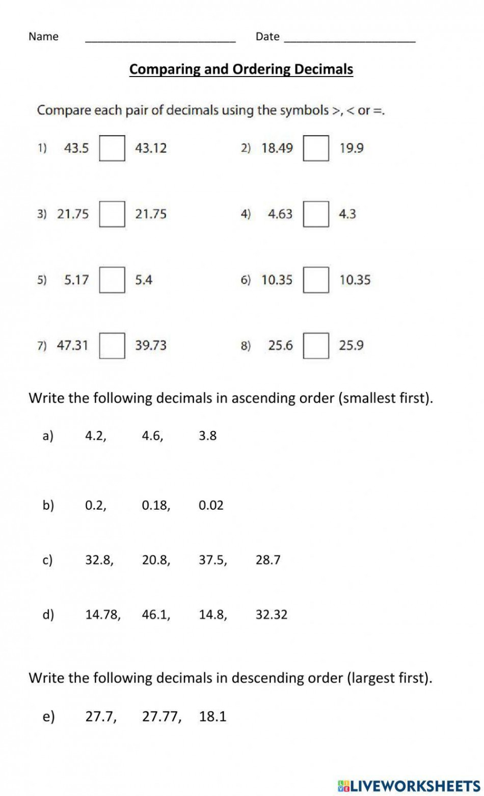 Comparing and Ordering Decimals worksheet  Live Worksheets