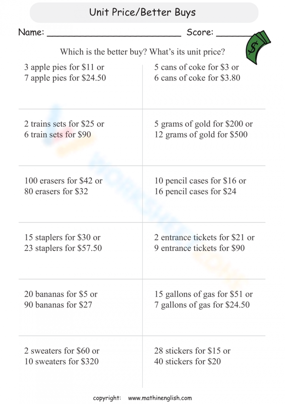 Comparing Better Buy Worksheet