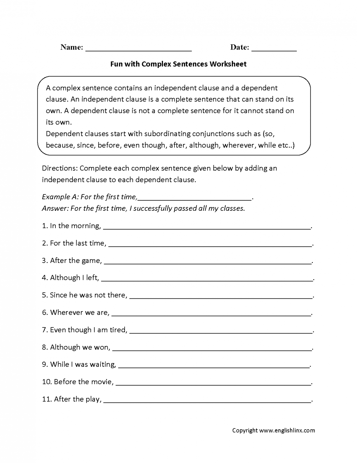 Complex Sentences Worksheets  Fun with Complex Sentences Worksheet