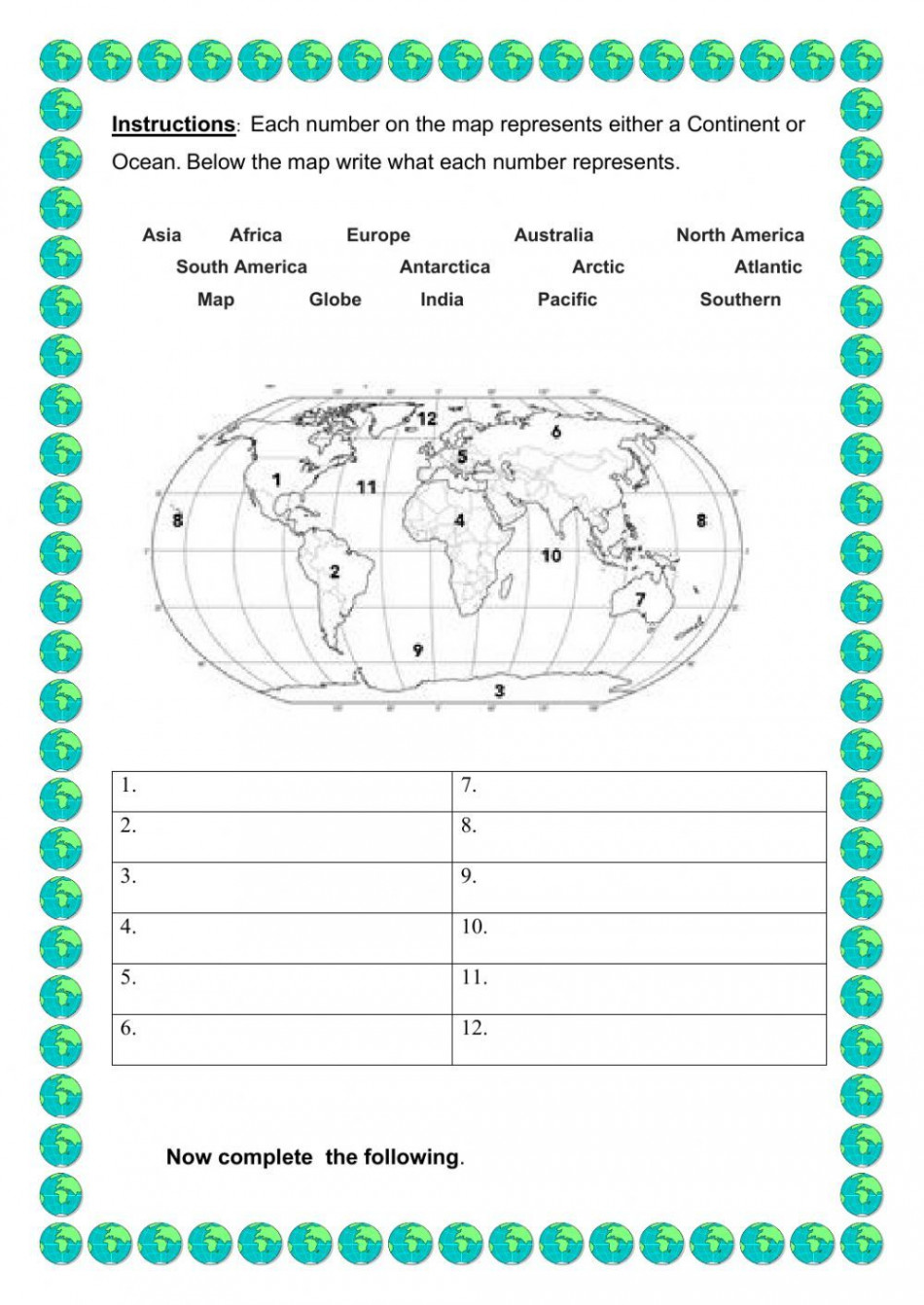 Continents and Oceans worksheet  Continents and oceans, Free