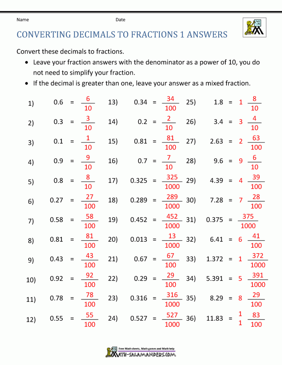 Converting Decimals to Fractions Worksheet