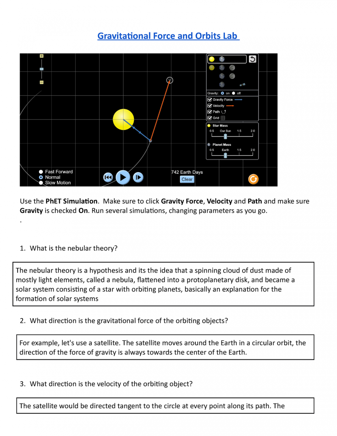 Copy of phet simulation - Orbits - Gravitational Force and Orbits