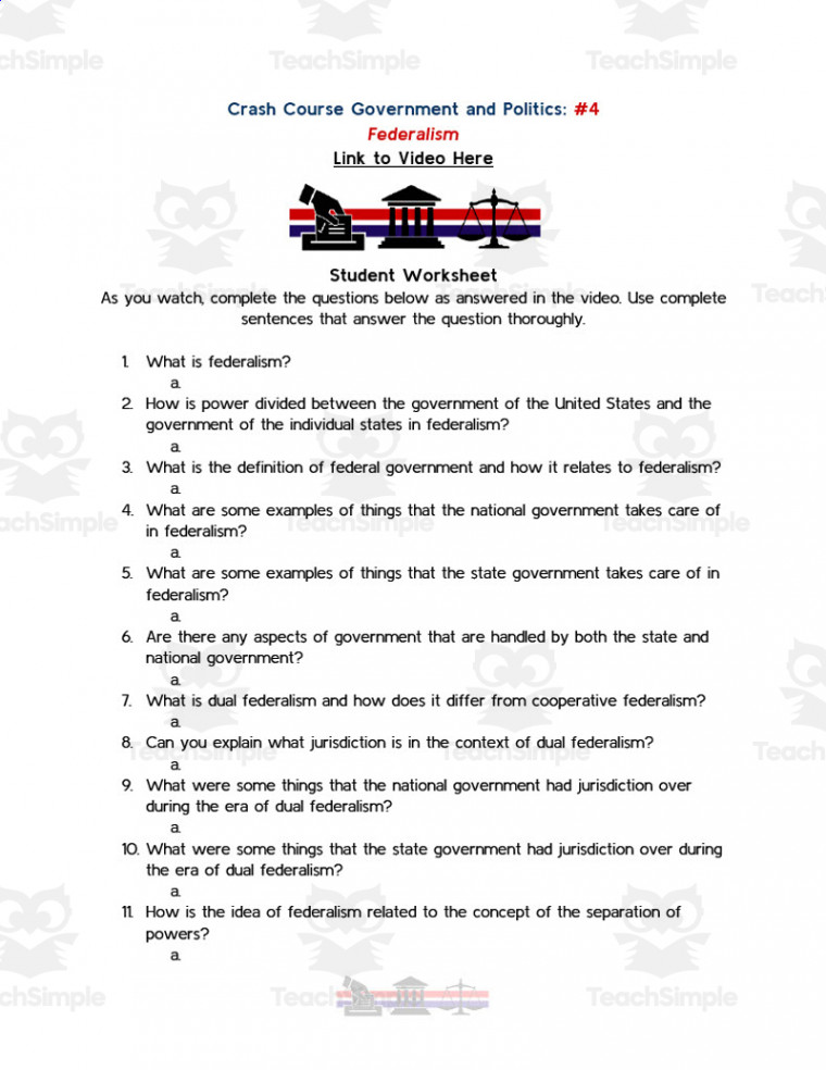 Crash Course Government Episode Worksheet   - Federalism by