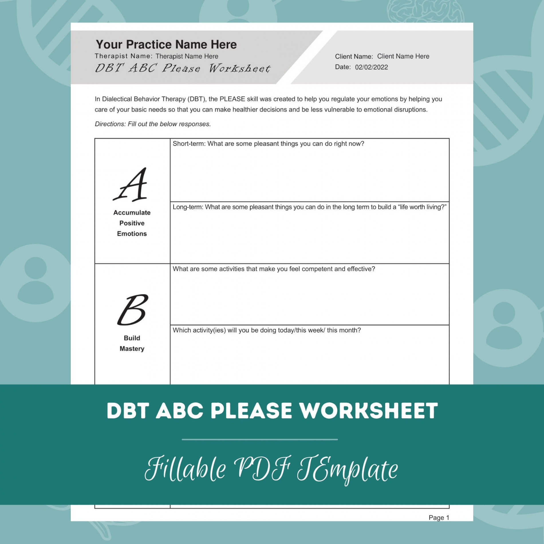 DBT ABC Please Worksheet  Bearbeitbare / Ausfüllbare PDF-Vorlage  Für  Ratgeber, Psychologen, Sozialarbeiter, Therapeuten