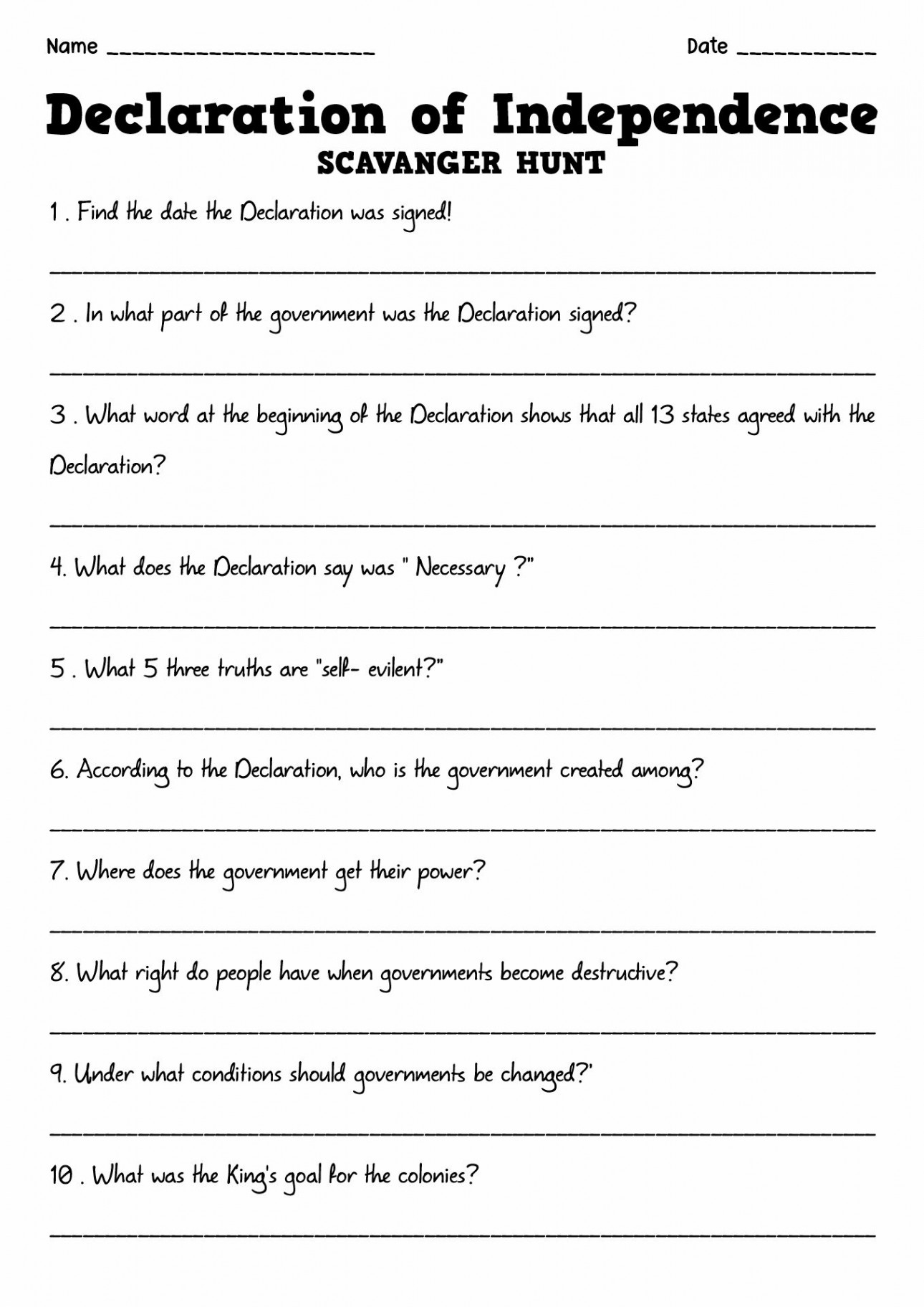 Declaration Of Independence Worksheets Elementary  th grade