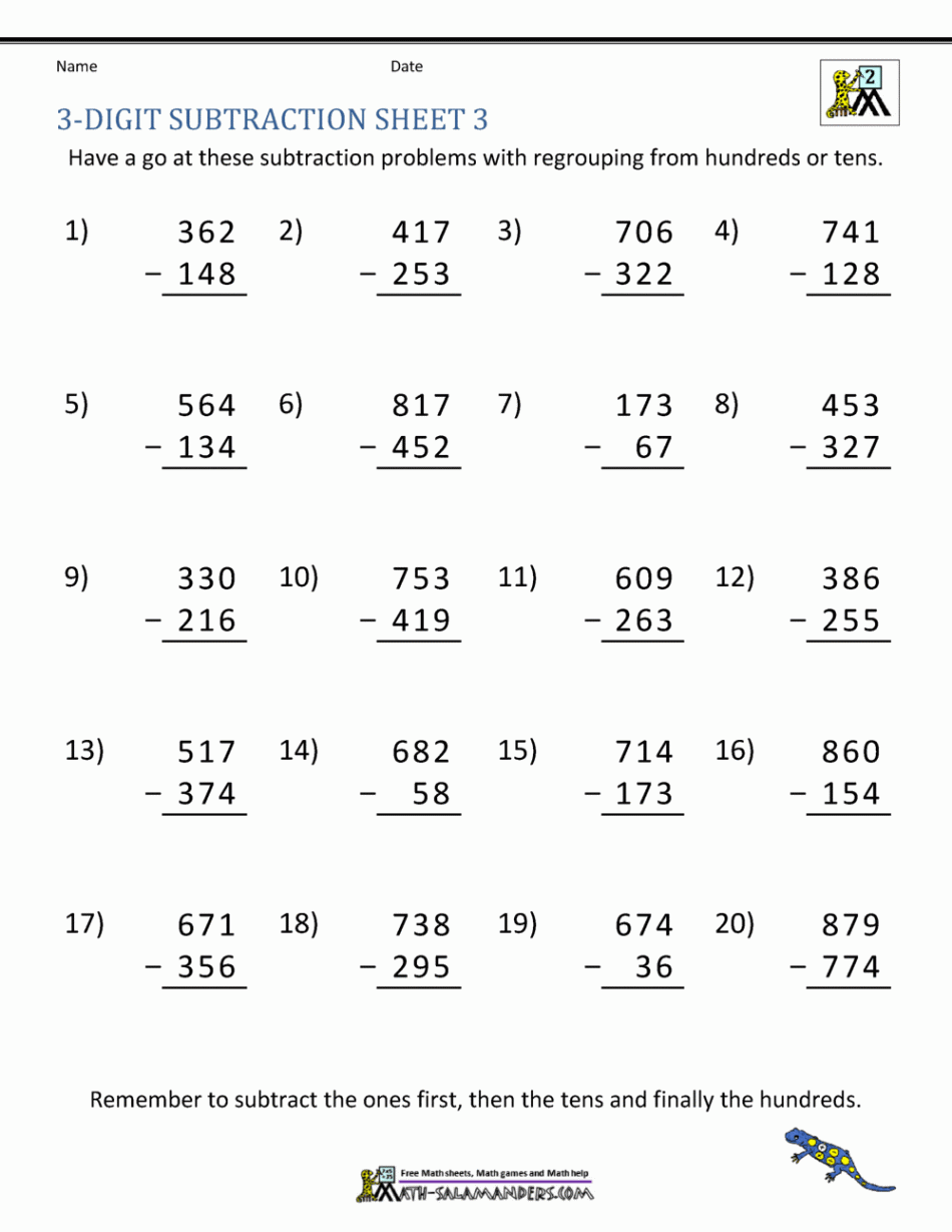 Digit Subtraction Worksheets