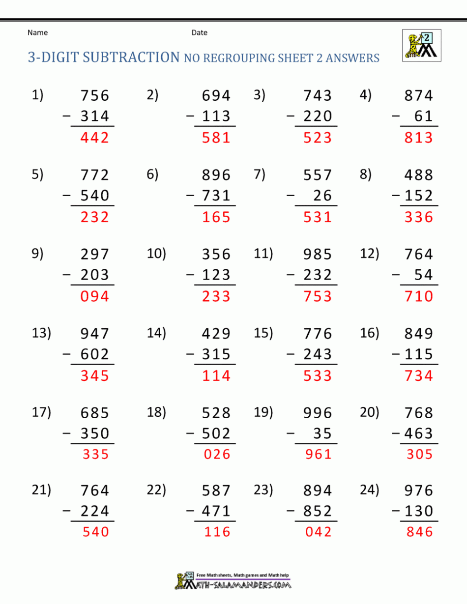 Digit Subtraction Worksheets