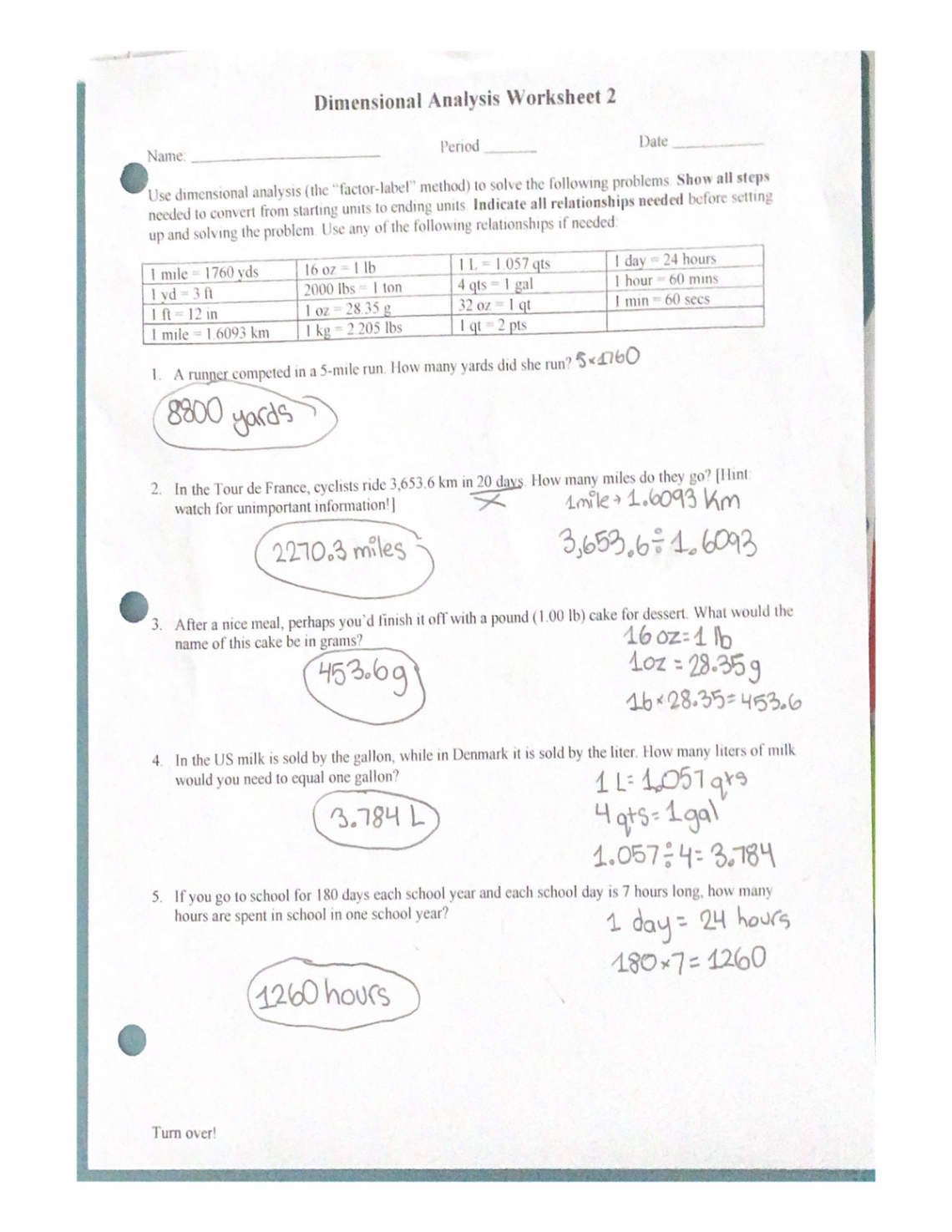 Dimensional Analysis Worksheet  practice material - Life 001