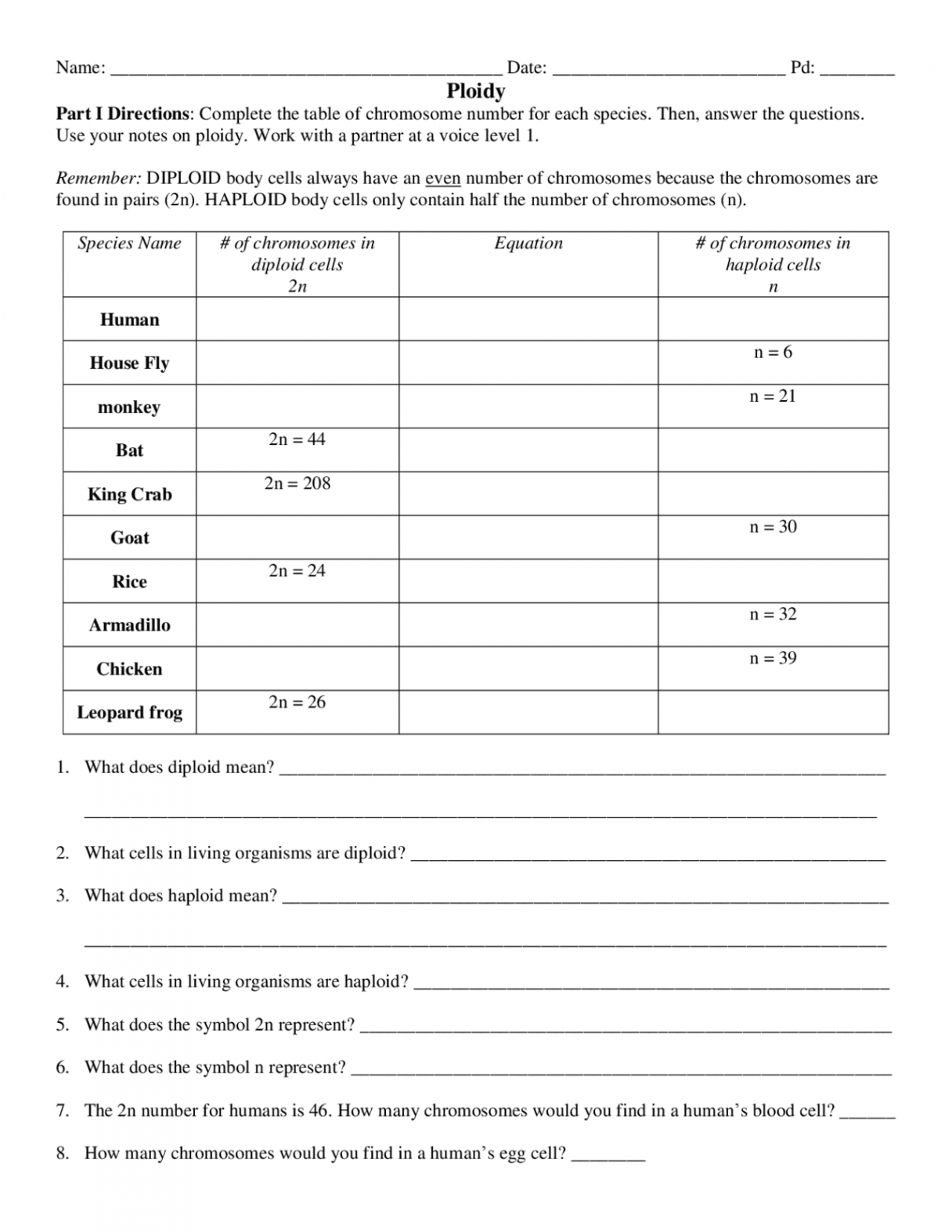 DIPLOID and HAPLOID WORKSHEET  Slides Voice  Docsity