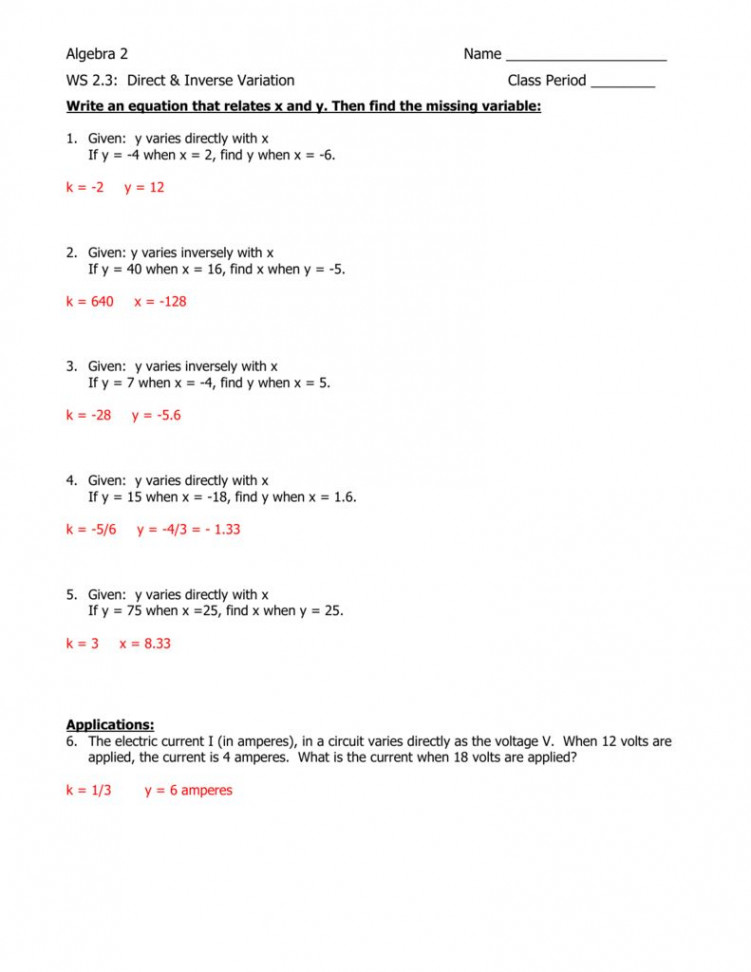 Direct And Inverse Variation Worksheet With Answers - A Direct And