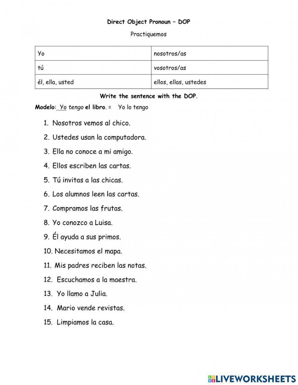 Direct Object Pronoun in Spanish Practice worksheet  Live Worksheets