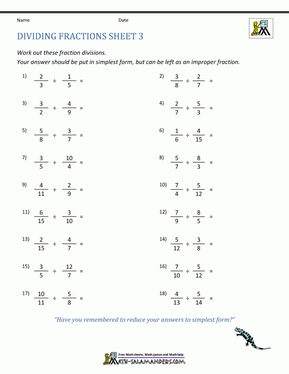 Dividing Fractions Worksheet