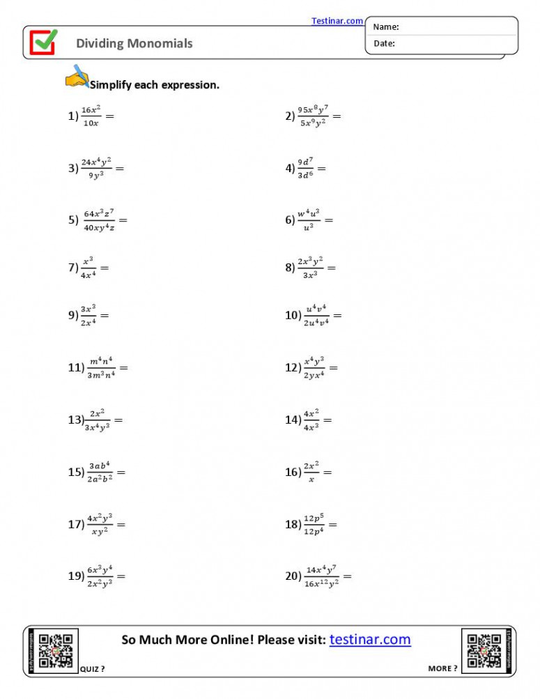 Dividing Monomials worksheets