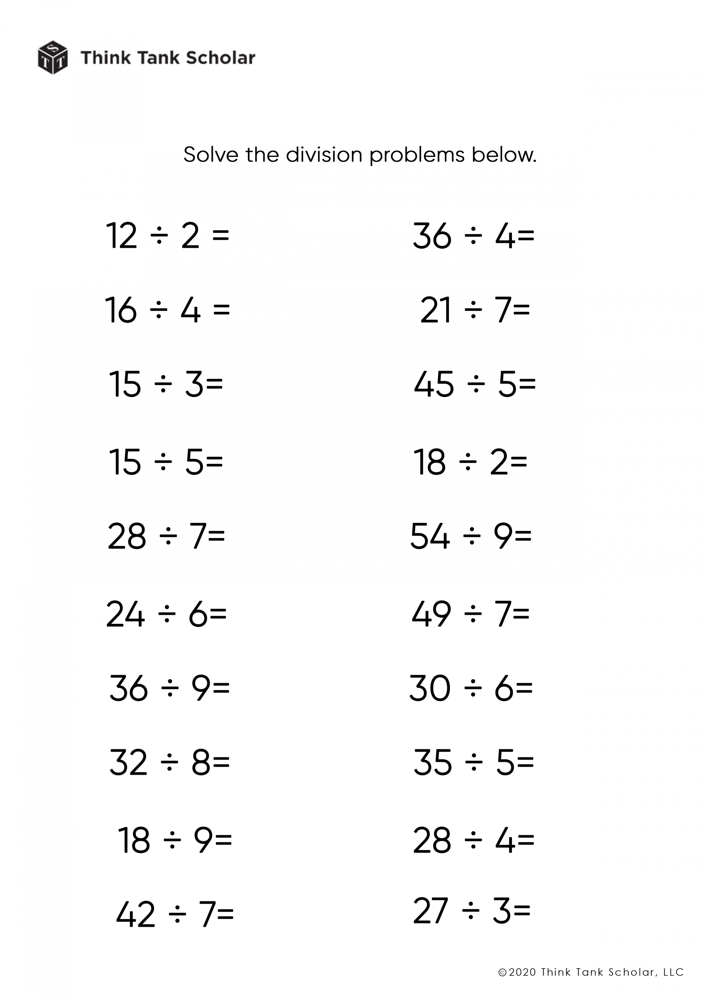 Division Worksheets Exercises Printable PDF (FREE) - Think Tank