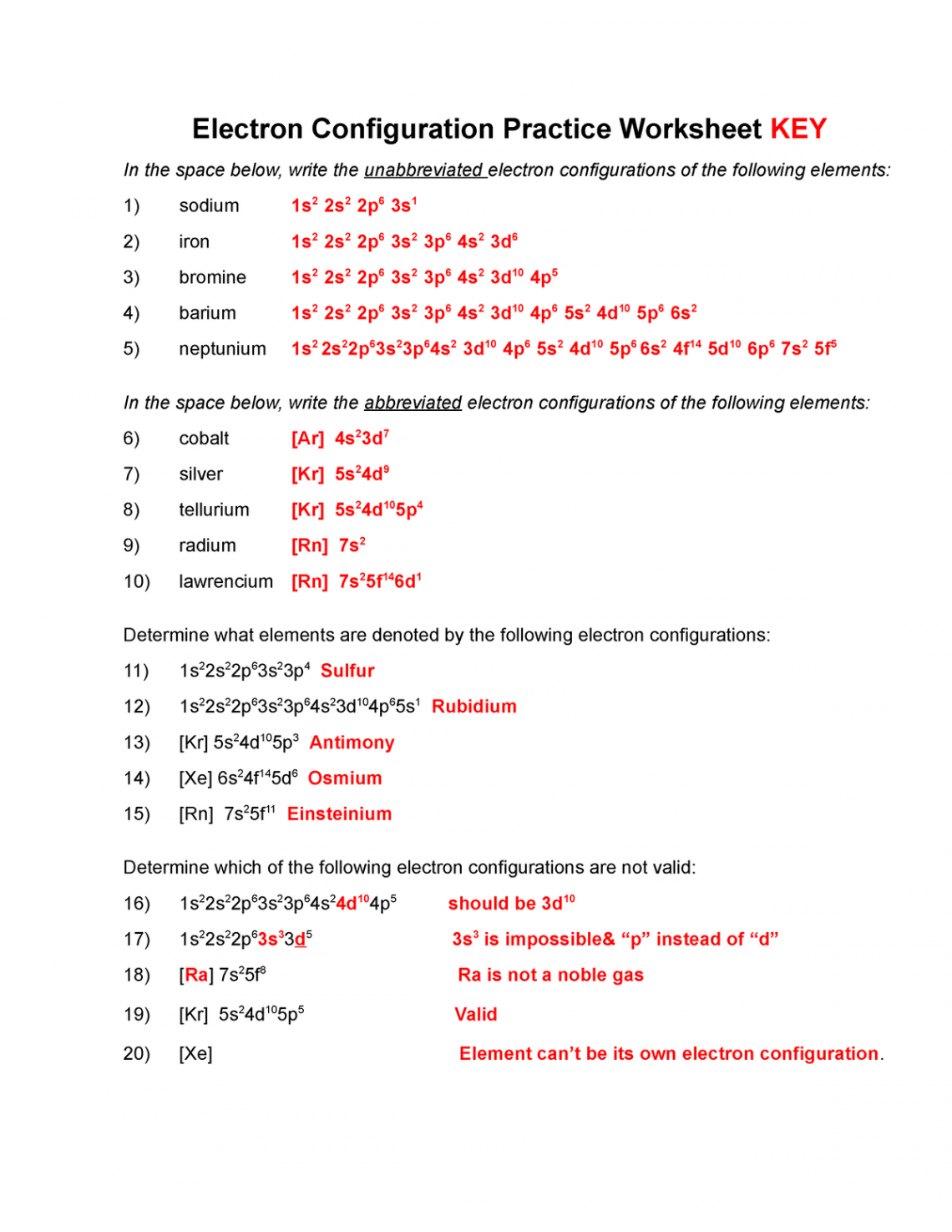 Electron Confiuration Practice WS KEY - Electron Configuration