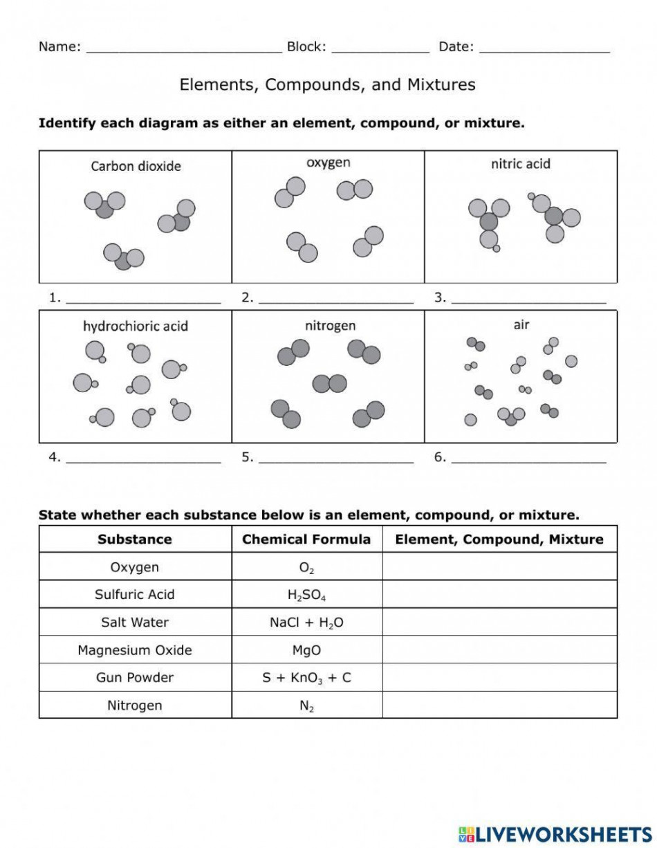 Elements, Compounds, and Mixtures interactive worksheet  Live