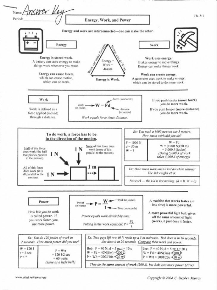 Energy Work Power Worksheet Answer Key  PDF