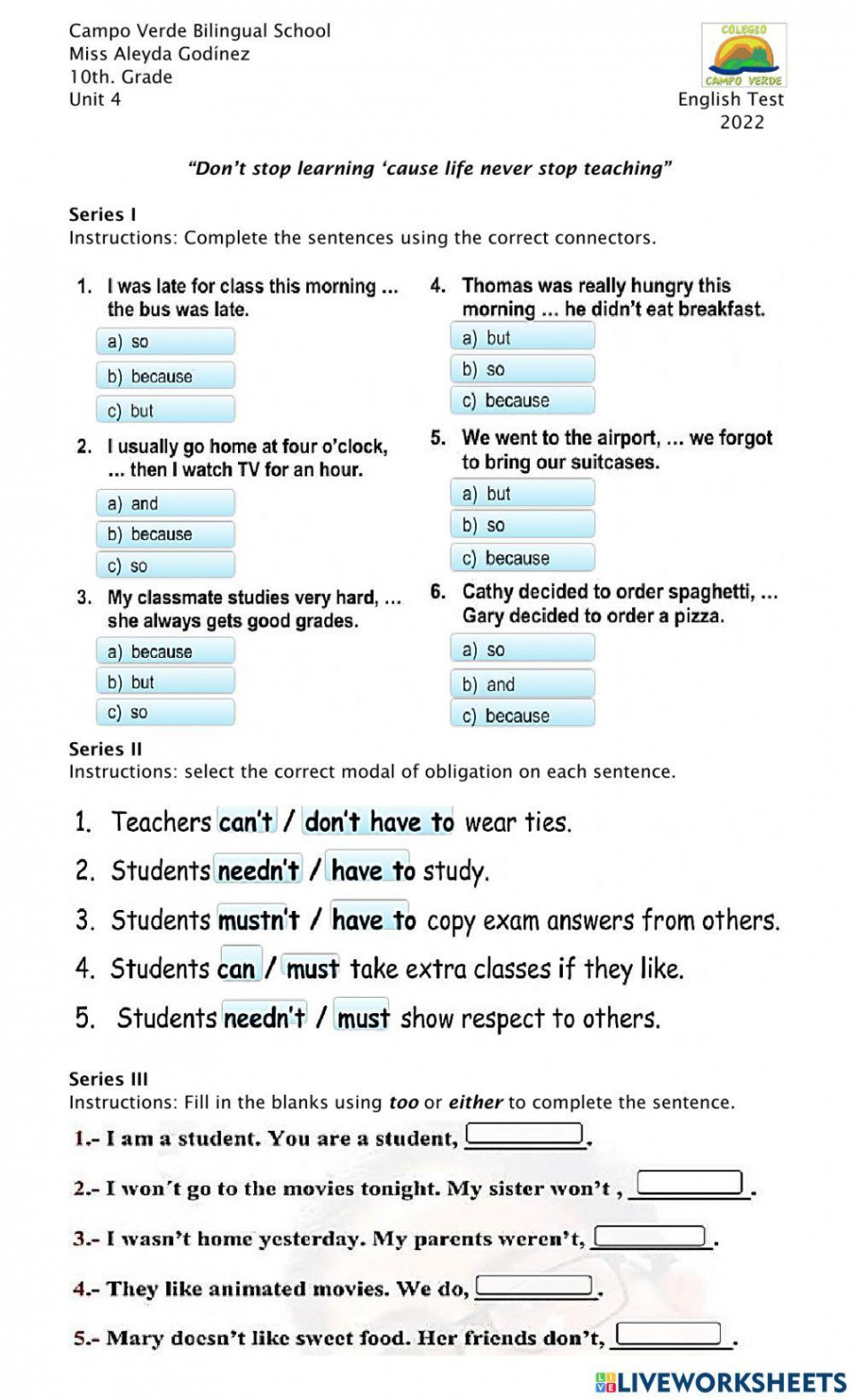 English Test online exercise for th Grade  Live Worksheets