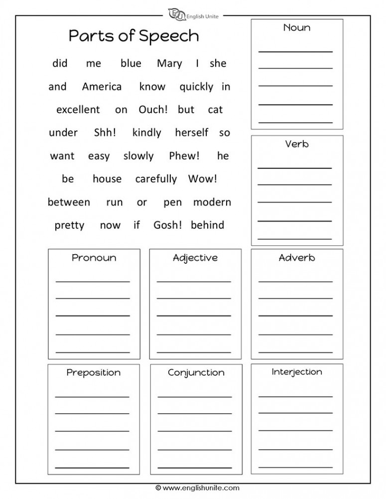 English Unite - Parts of Speech Worksheet