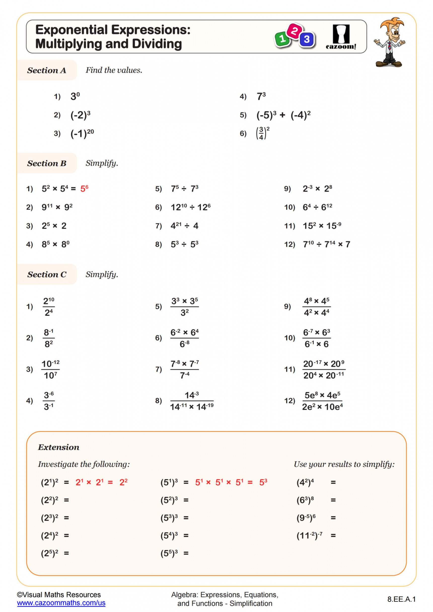 Exponential Expressions: Multiplying and Dividing Worksheet  Fun