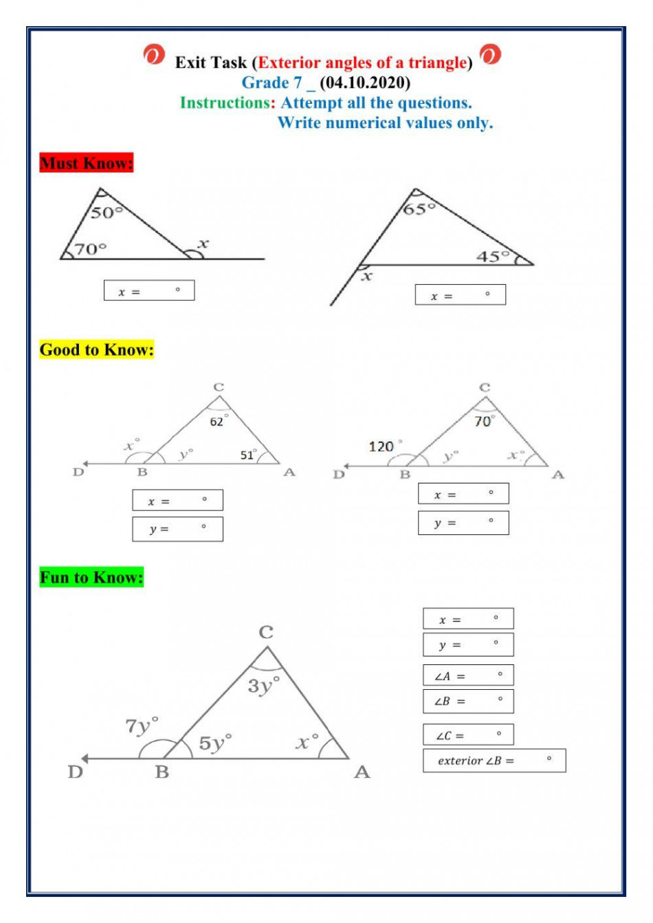 Exterior angles of a triangle worksheet  Live Worksheets