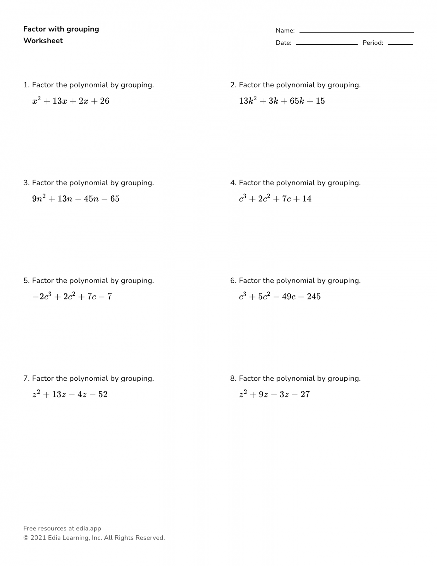 Factor With Grouping - Worksheet