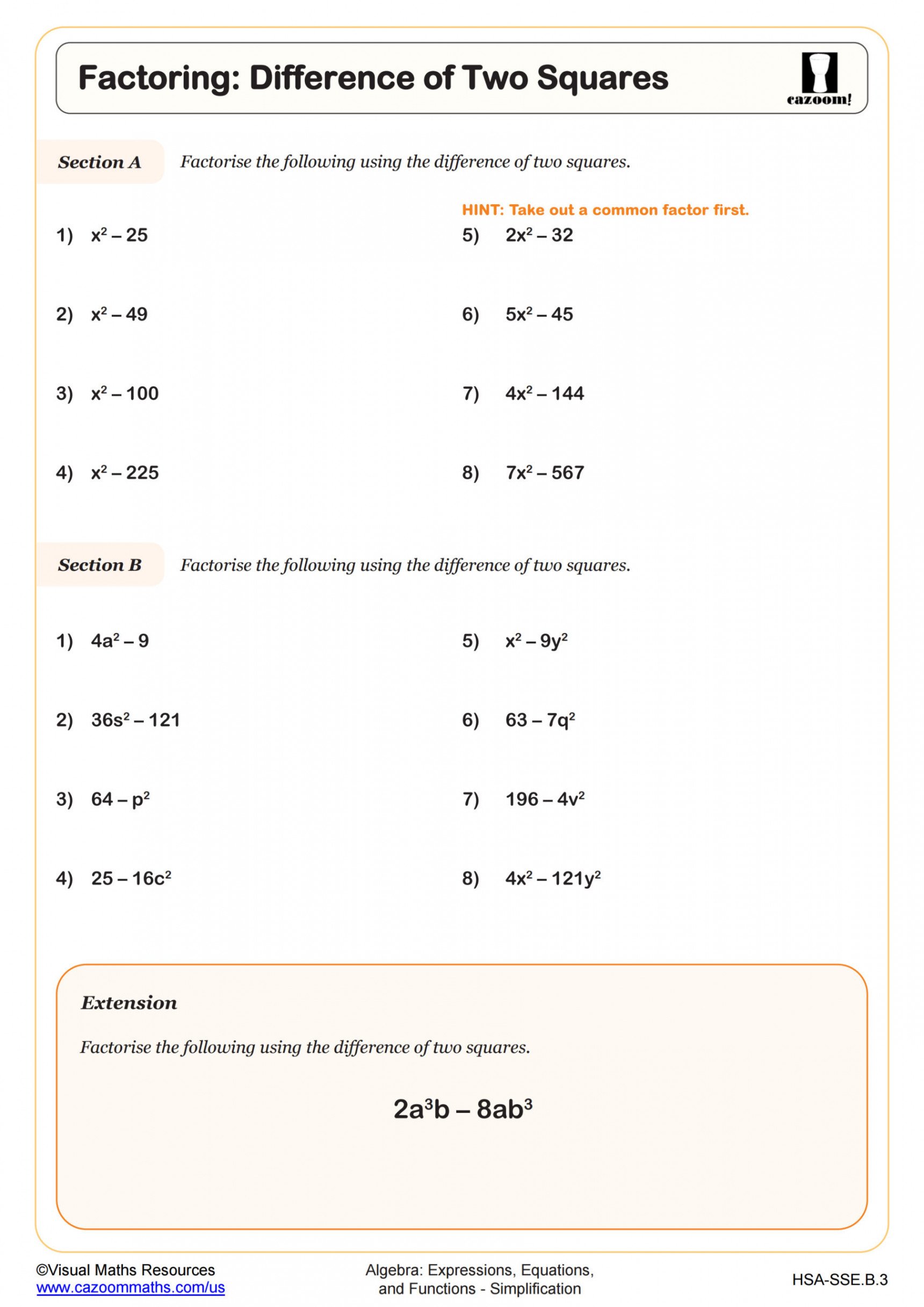 Factoring: Difference of Two Squares Worksheet  Algebra I PDF