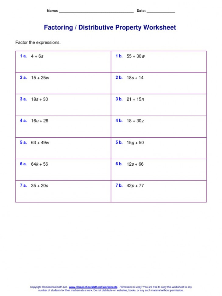 Factoring / Distributive Property Worksheet: Factor The