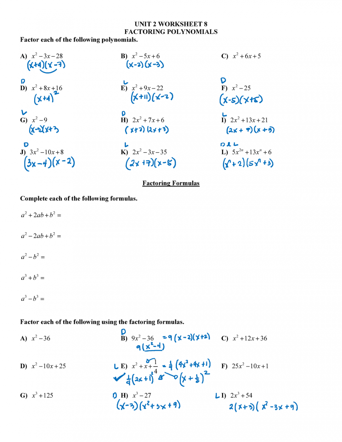 Factoring Exercises for Grade  - UNIT  WORKSHEET  FACTORING