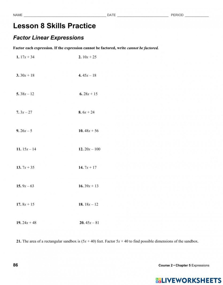 - Factoring Linear Expressions WS worksheet  Live Worksheets