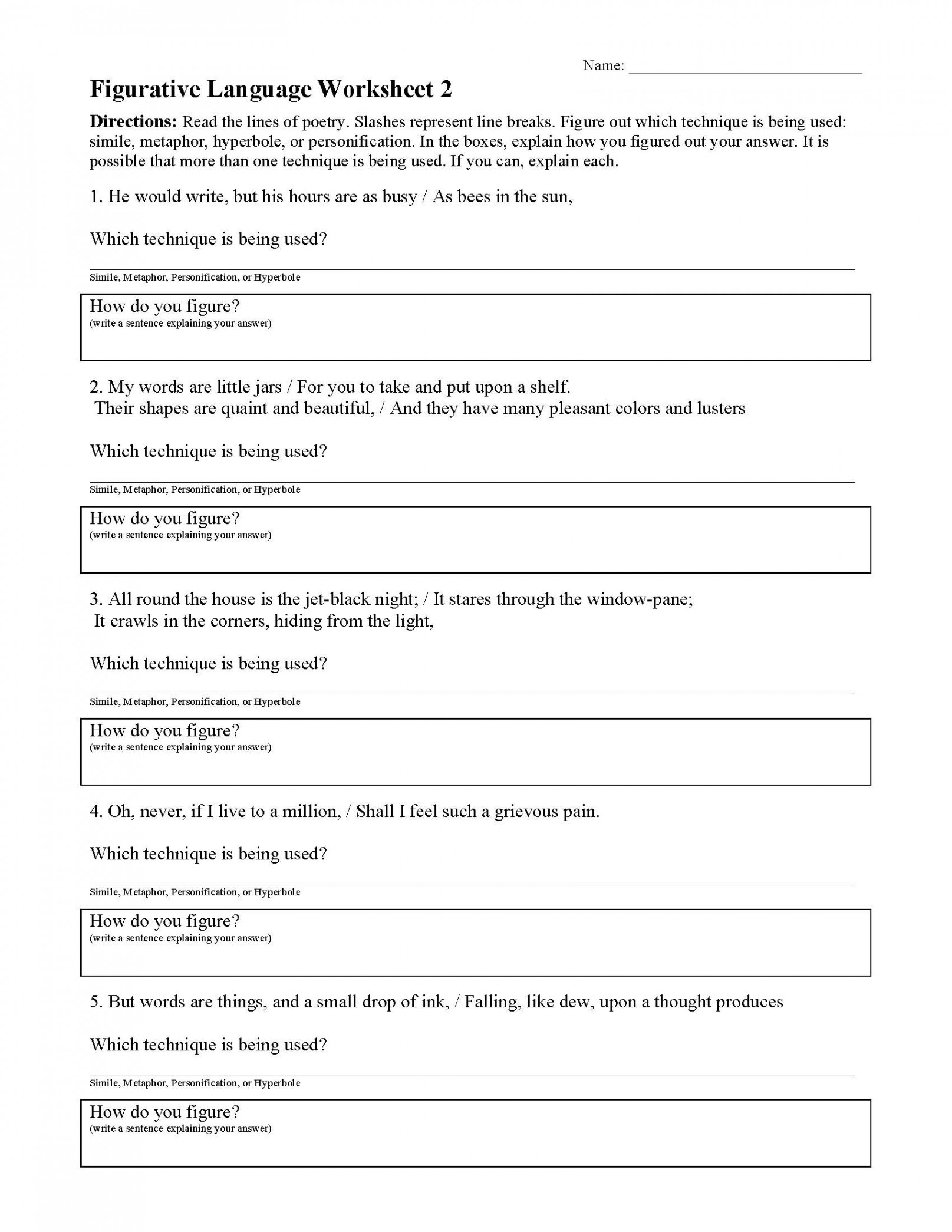 Figurative Language Worksheet   Reading Activity