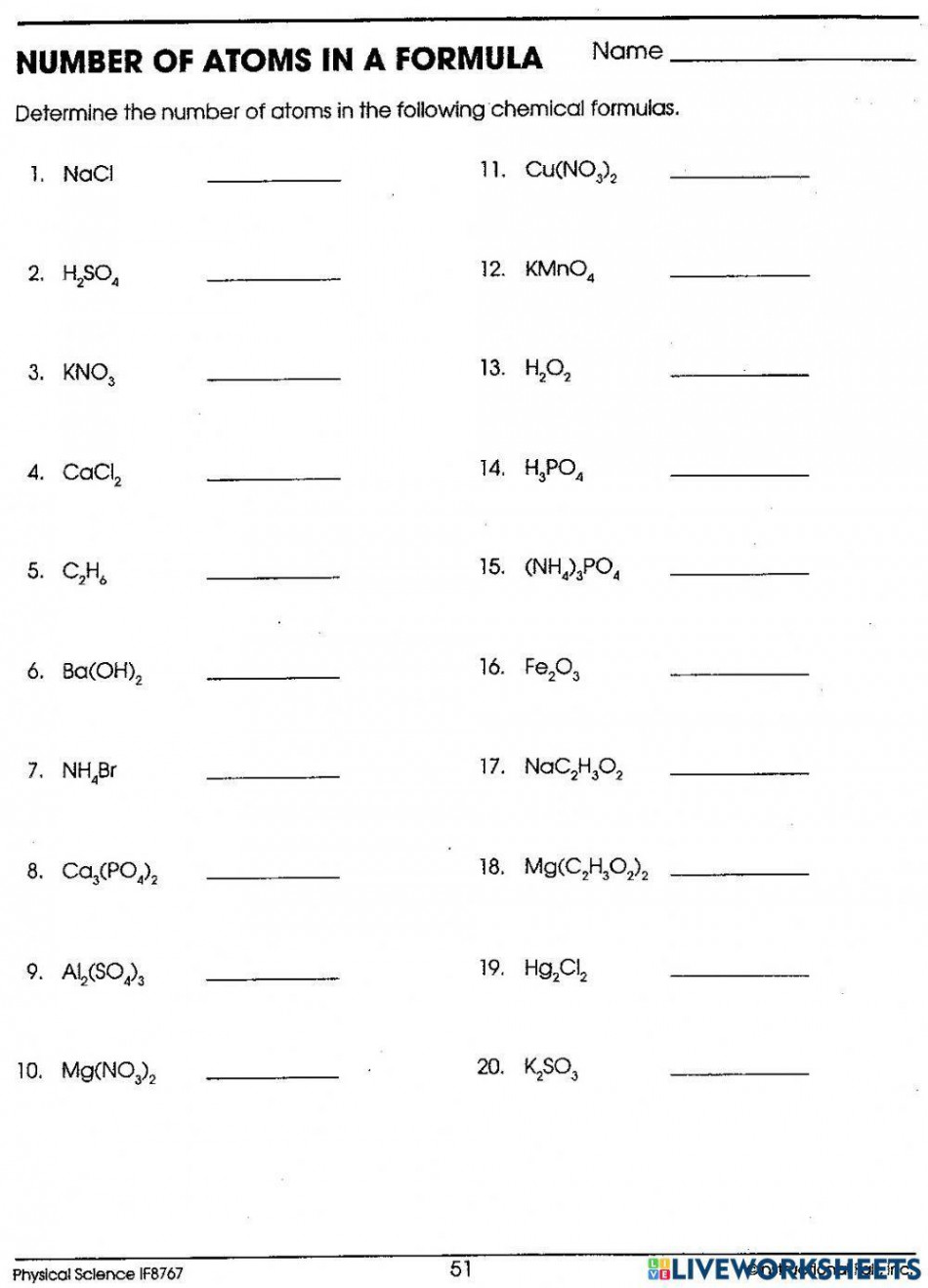 Finding number of atoms in a chemical formula worksheet  Live