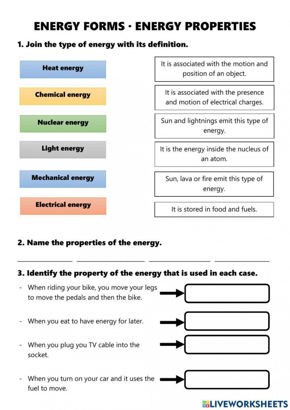 Form and Properties of energy worksheet  Live Worksheets