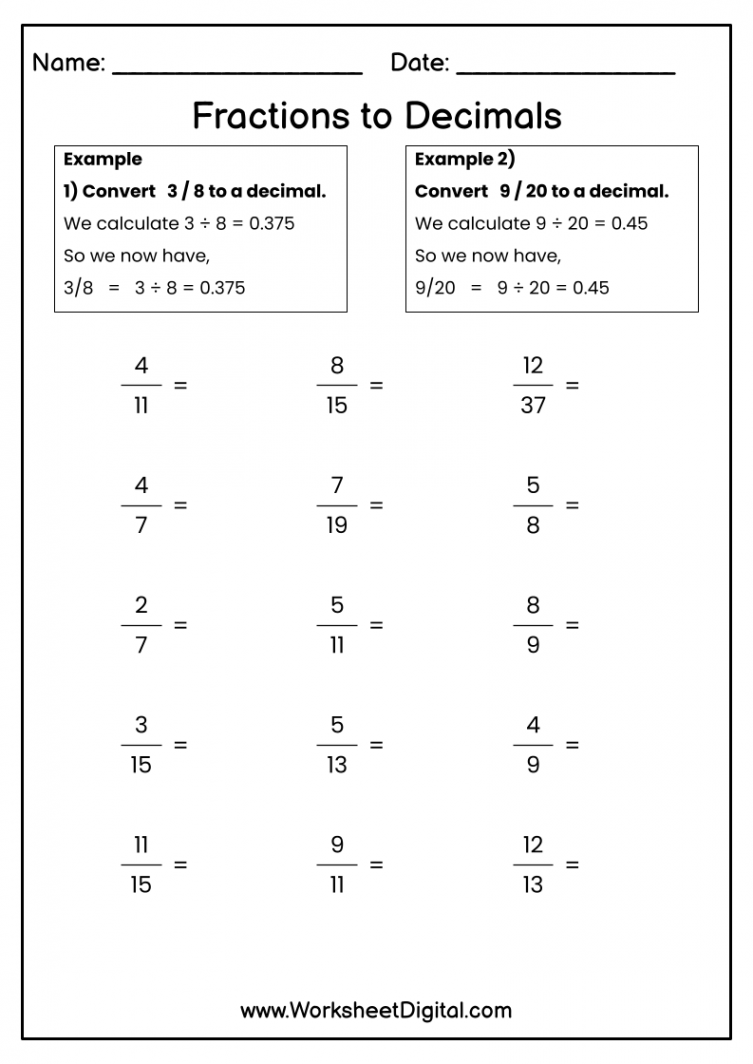 Fractions to Decimals - Worksheet Digital