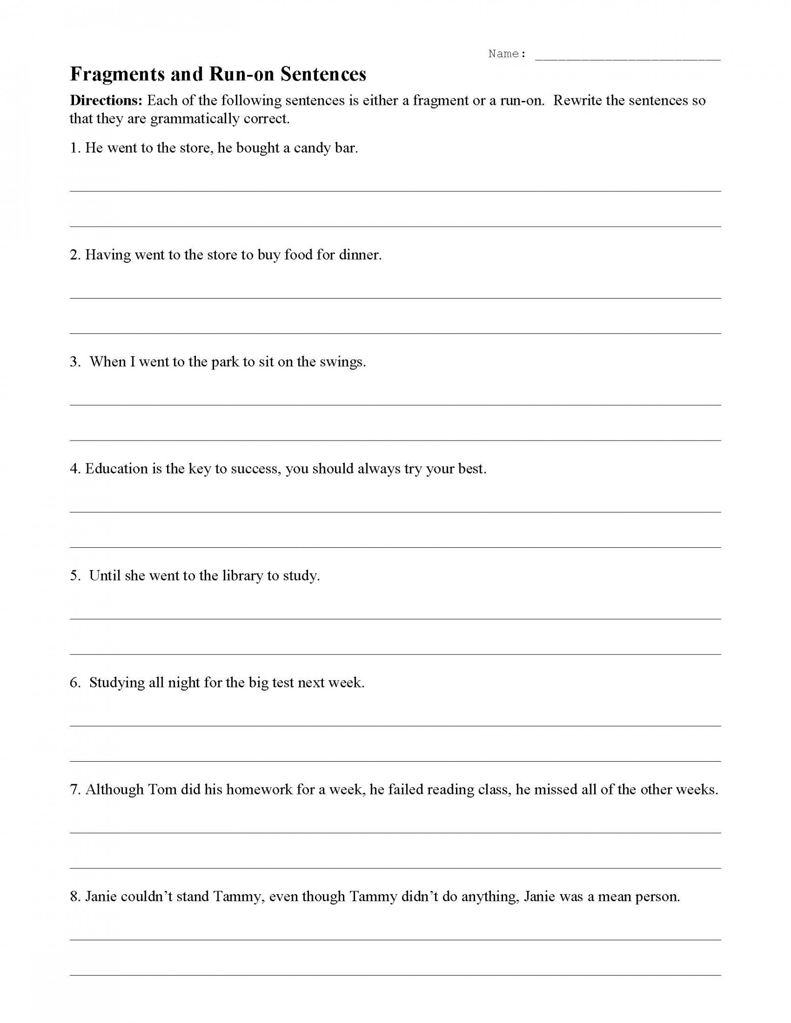 Fragments and Run-On Sentences Worksheet  Sentence Structure Activity