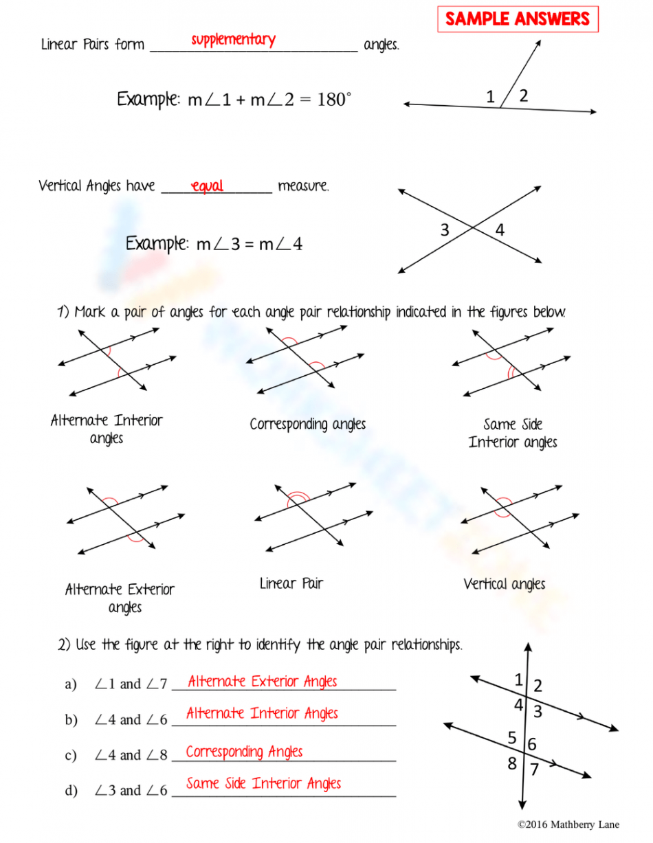 Free Angle Pair Relationships Worksheets For Teaching